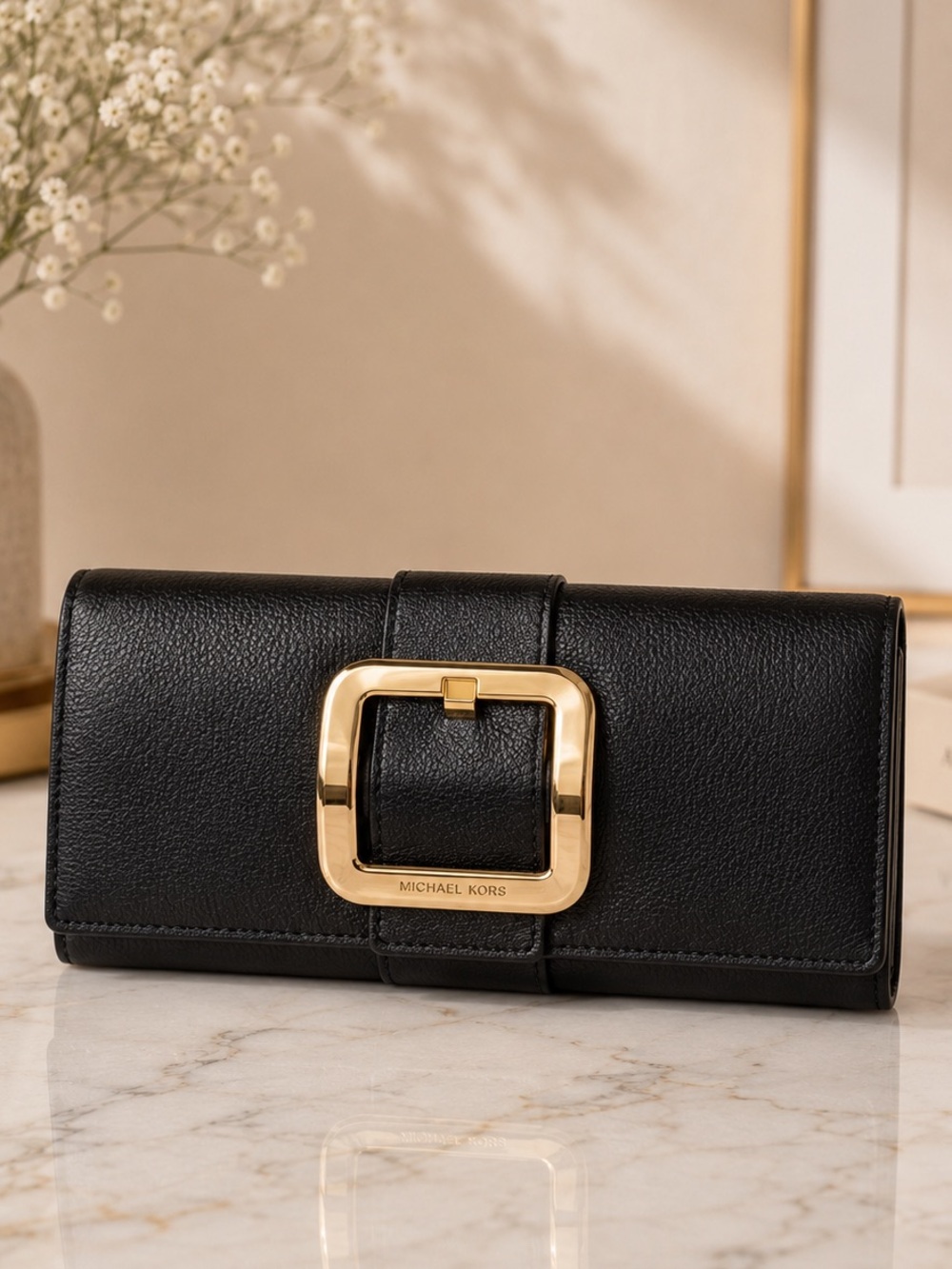Michael Kors Black Leather Wallet Large Clutch Gold accents